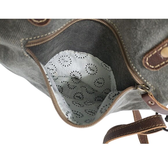 Myra Bag Leather Canvas Southwestern Aztec Shoulder Bag Satchel Cowhair Gray - Picture 5 of 9